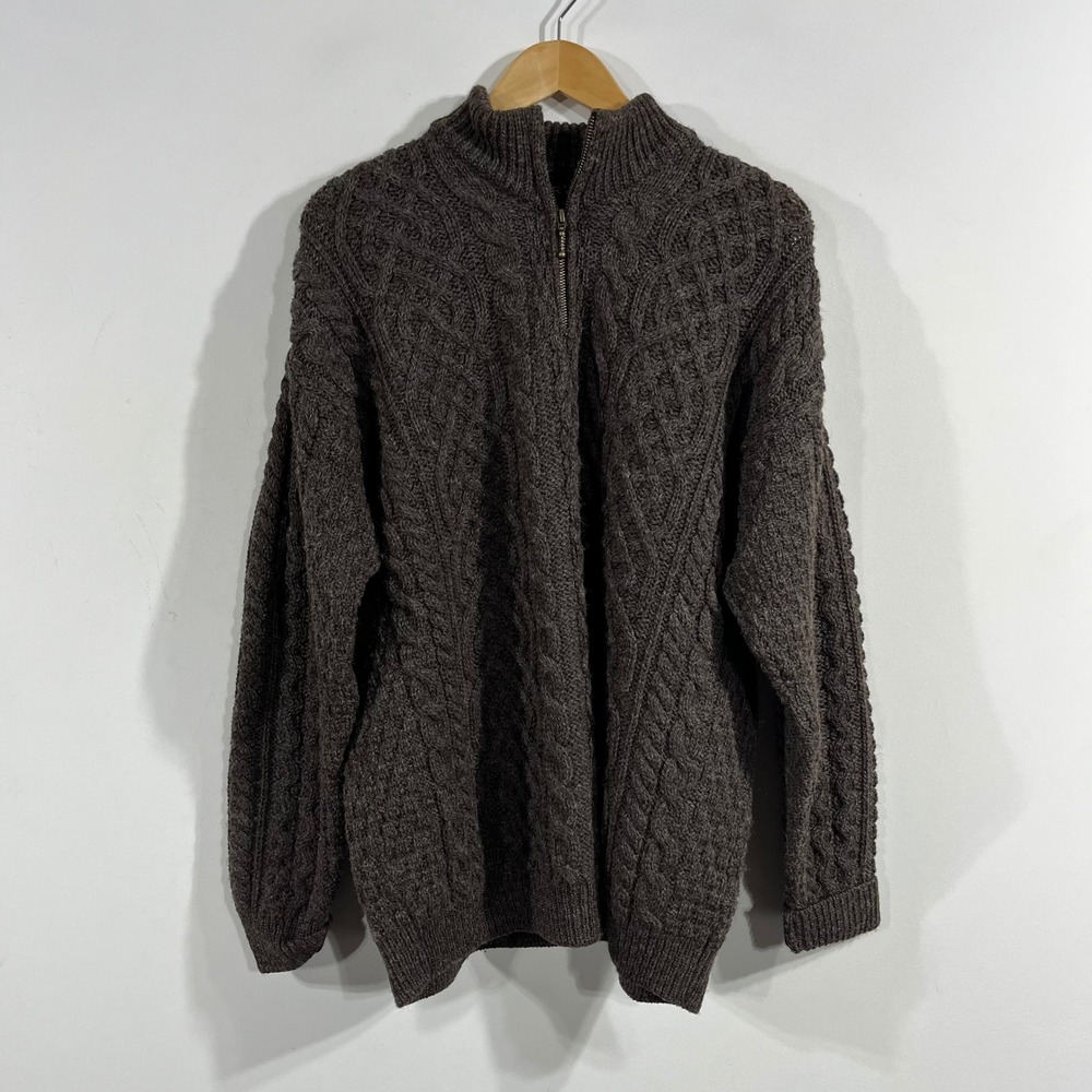 Orvis Fisherman 100% Wool 1/4 Zip Cable Knit Sweater Made in Ireland Brown 90s